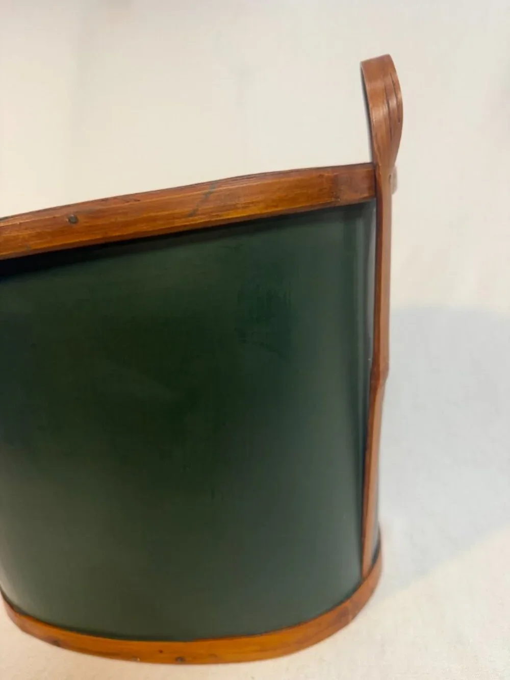 Primitive Bentwood Magazine Basket Rattan Handle Green Accent Early Country Tote